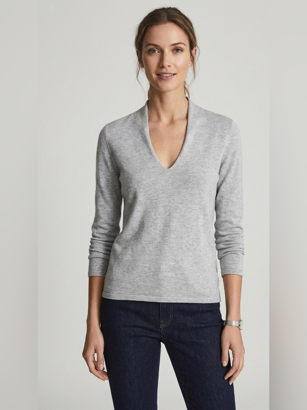 REISS very light oatmeal color V-Neck Long Sleeve Pullover Knit Sweater - Size S